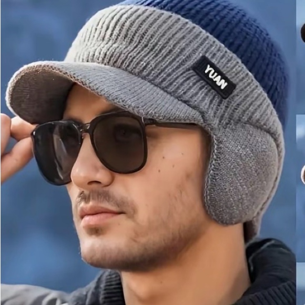 Gray and Blue Knit Winter Hat with Ear Flaps